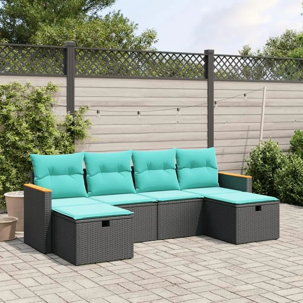 6-Piece Black Poly Rattan Patio Sofa Set with Cushions - Outdoor Furniture for Garden & Balcony