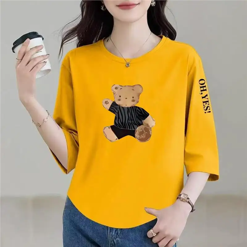 

Loose Fit Mom T-Shirt Three Quarter Sleeve Cover Belly Slimming Top for Middle-Aged And Elderly Women Polyester Fiber round Neck