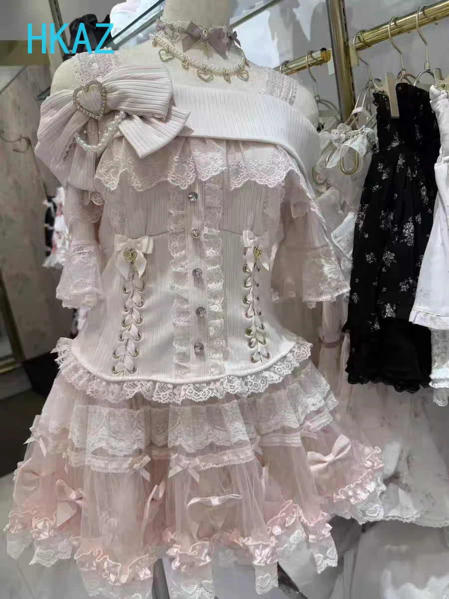 Pink Sweater Autumn New Japanese Mass-produced Sweet and Cute Girls Off-the-shoulder Strap New Bow Lace Lolita Pullover