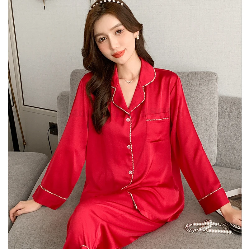 Bride Burgundy 2PCS Pajamas Sexy Lapel Bow Sleepwear Female Lingerie Home Clothes Silk Satin Loose Casual Nightwear Loungewear