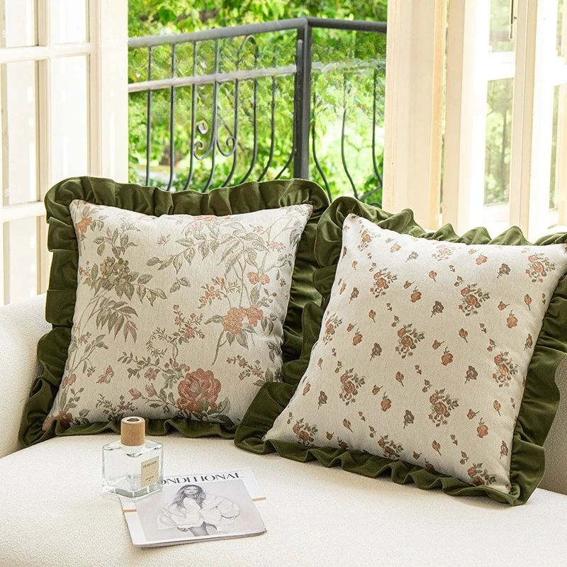 French Luxury Throw Pillow Cover Vintage Floral Jacquard Pillow Case with Velvet Ruffle Trim Farmhouse Home Decor for Sofa Couch