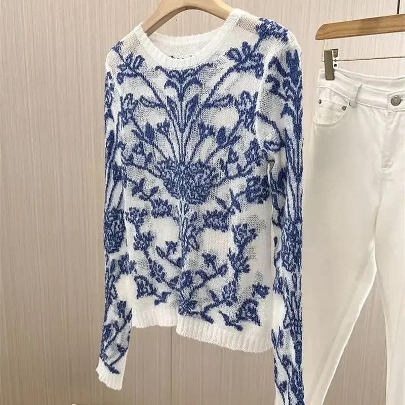 High Quality Hollow Out Flowers Jacquard Knitted Pullover Spring Summer Women Thin Sweater Luxury Long Sleeve Jumpers Tops K048