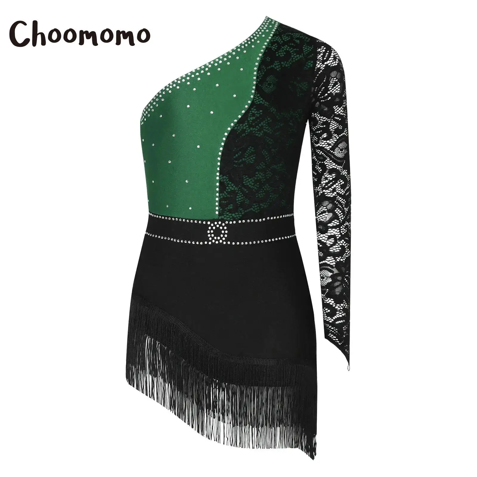 

Kids Girls Latin Jazz Dance Dress Rhinestones Lace Long Sleeve Tassels Lyrical Dancewear Samba Rumba Stage Performance Costume