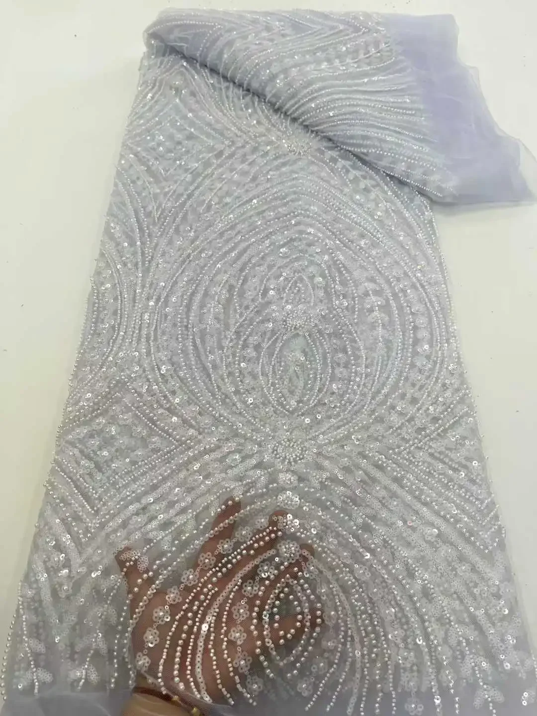2025 African Peach Beaded Mesh Lace Fabric Embroidery Sequins French Tulle Lace for Nigerian Wedding Party Dress 5 Yards TP1458