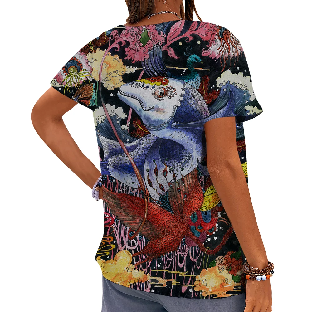 CLOOCL Ukiyo-e Women T-shirt Marine Carp Japanese Painting 3D Printed Tees Button Decorate Short Sleeve Blouse Aesthetic Tops