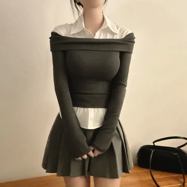 Faionable One-oulder Splice irt Korean Sle Spring Autumn Winter Women's Inner Wear Casual Regular Fit Street Sle