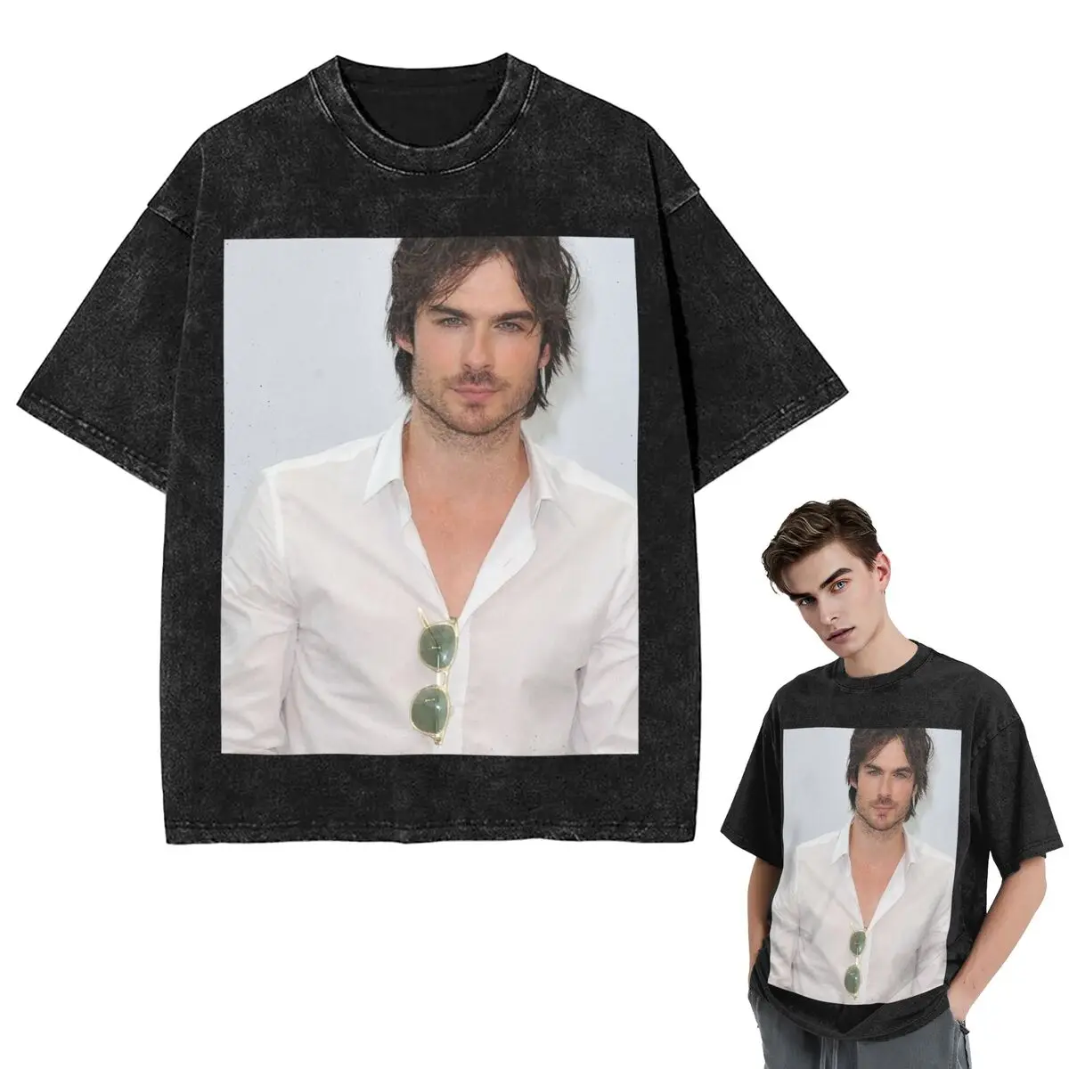 Streetwear T-Shirts Soft Ian Somerhalder Damon Salvatore Washed T Shirt Short Sleeve Hip Hop T-Shirt Tops Tees for Men Women