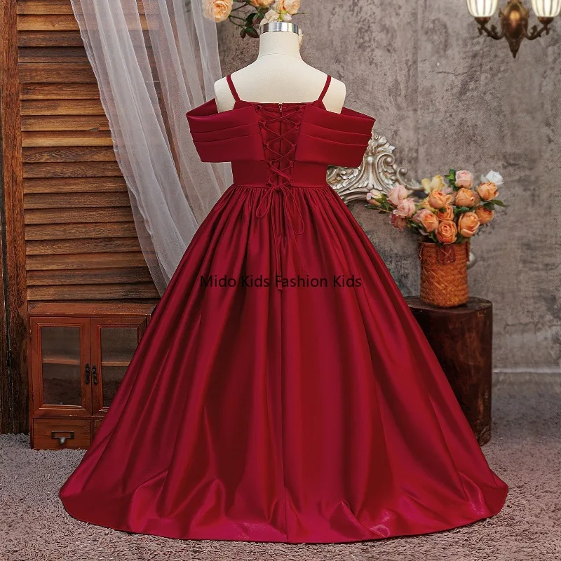 2025 Girls' Formal Dress with Train, Strapless Off-the-Shoulder Satin Gown for Birthday Parties and Evening Events