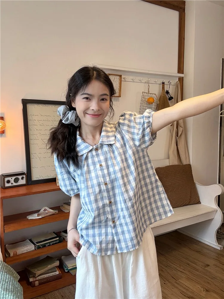 

Chic Sweet Bubble Sleeve Shirt Women's Summer 2026 New Design Plaid Doll Collar Top Elegant Fashionable Casual Polyester Fiber