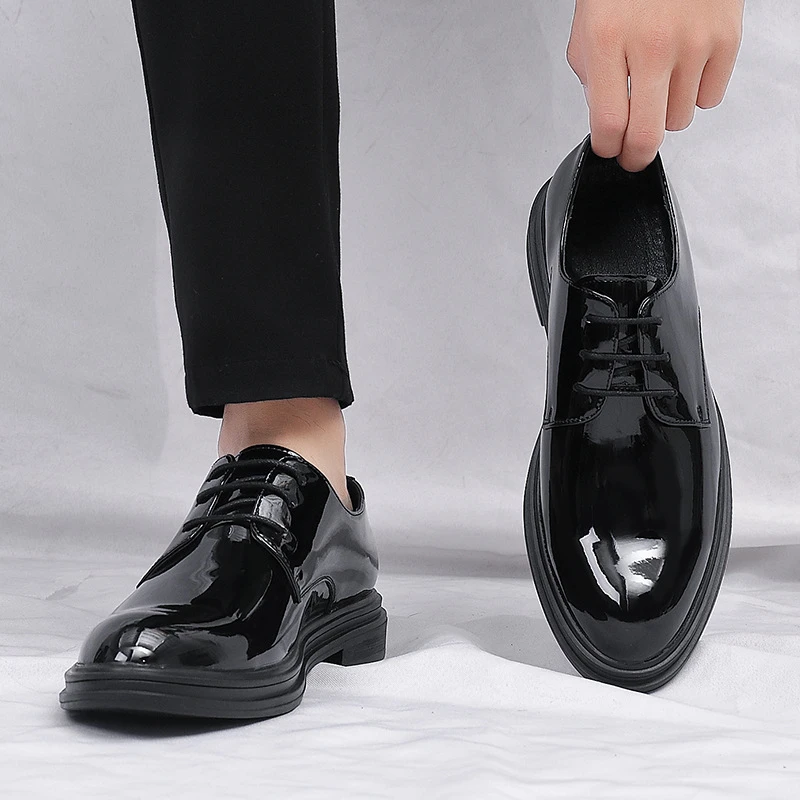 Mens Black Patent Leather Lace Up Dress Shoes With Thick Sole Platform Block Heel Formal Business Wedding Party Office Work Shoe
