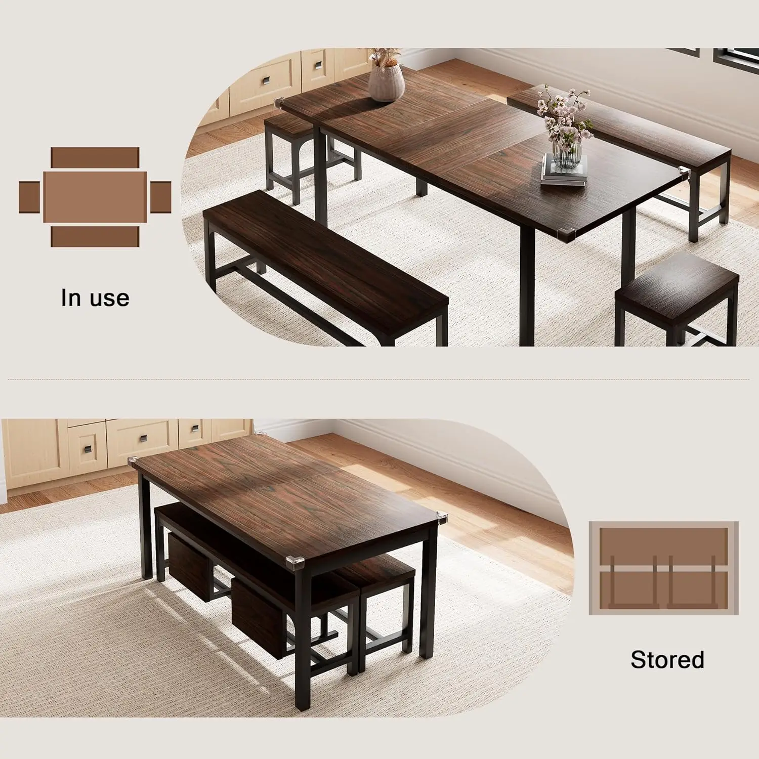 5 Pieces Dining Room Table Set for 4-6, with 2 Benches & 2 Stools, Small Dining Table Set with Metal Frame & MDF Board