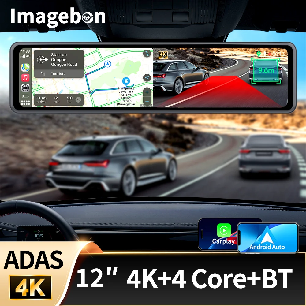 

Imagebon 11.26" 4K ADAS Rearview Mirror DVR with Wireless CarPlay & Android Auto AI Voice GPS Navigation AUX FM BT Dash Camera