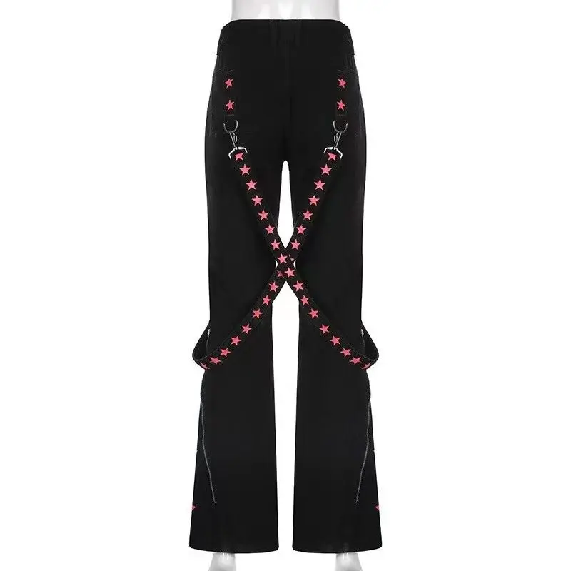 

Women High Street Stars Print Vintage Black Jeans American Retro Streetwear Wide Leg Jean Female Trousers Y2K Baggy Denim Pants