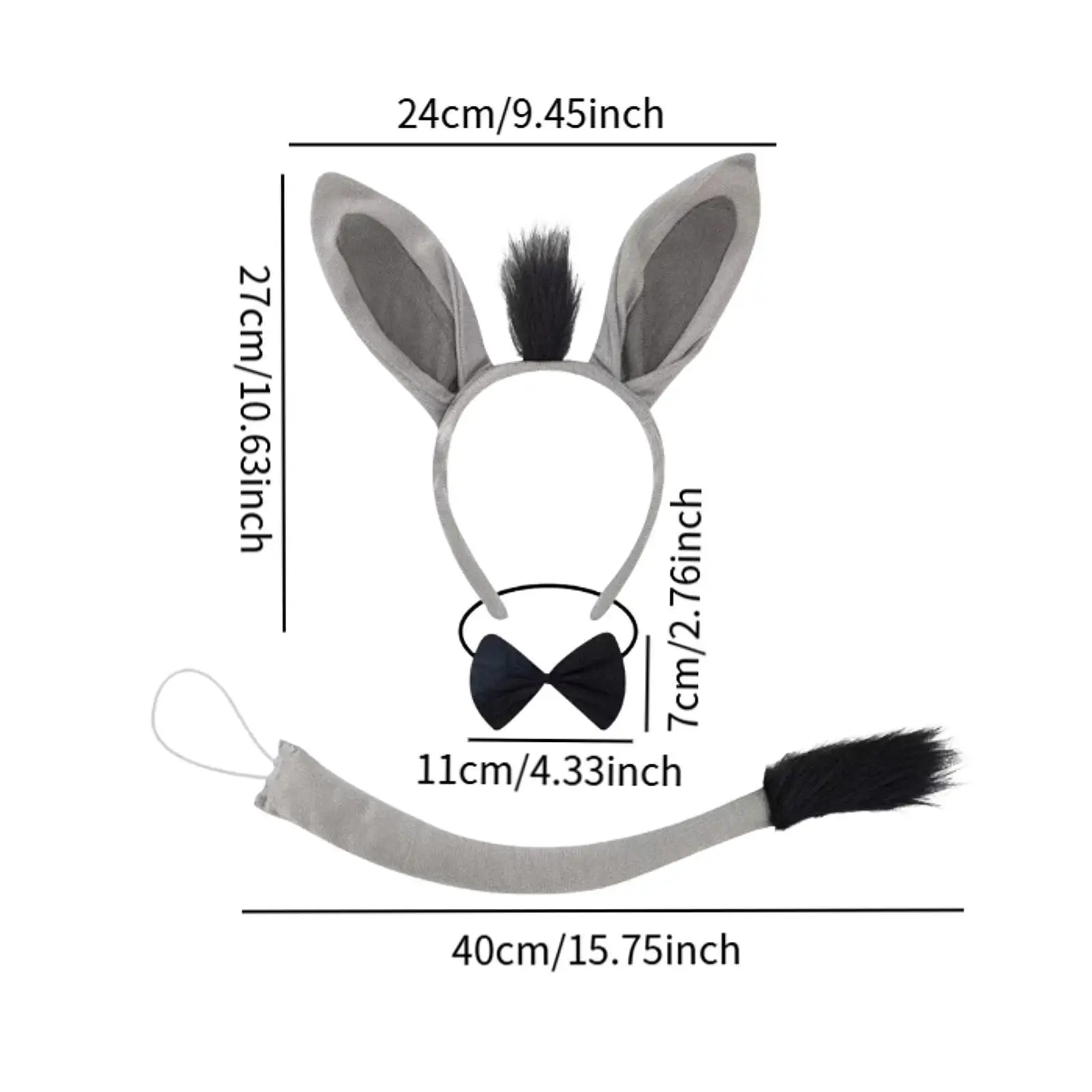 Conjunto de disfraz de burro, accesorios para fotos, diadema y cola con orejas cómodas para vacaciones