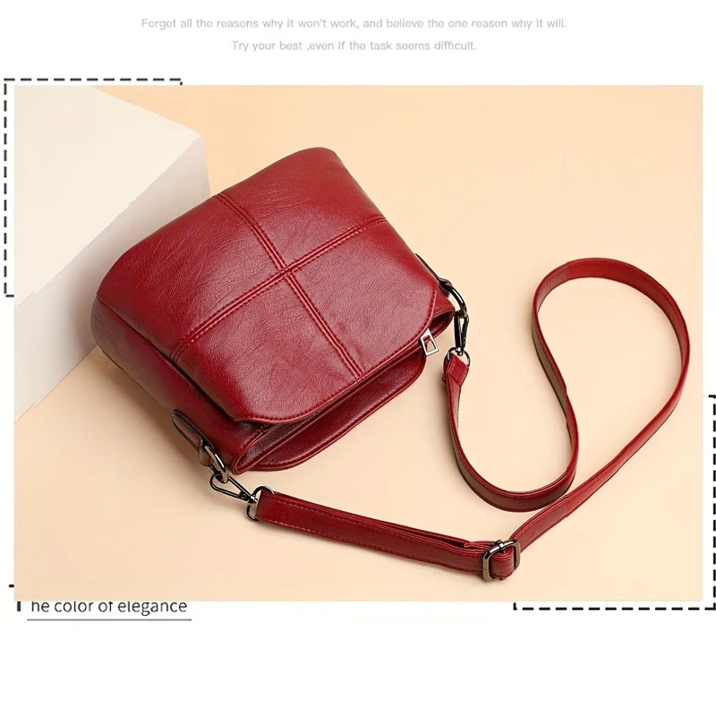 Damen-Umhängetasche im Vintage-Stil aus Kunstleder, lässige Alltagstasche, kleine Handtasche, mehrschichtiges Design mit Reißverschlussfächern, verstellbarer Riemen, leicht. – Detail 4