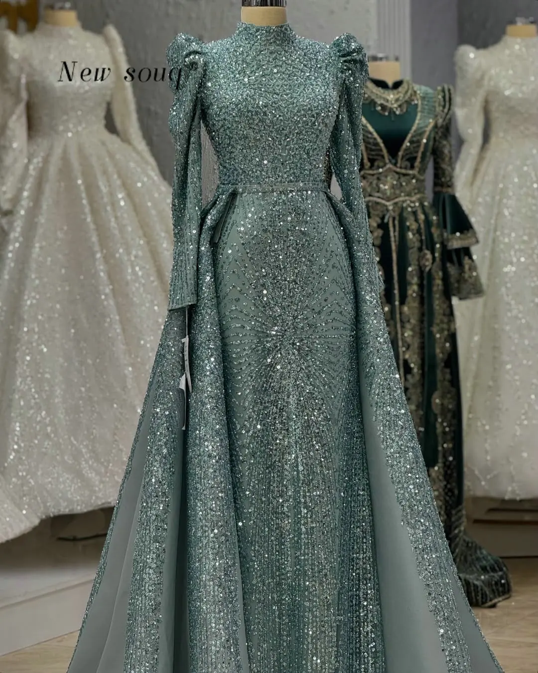 

Мусульманские вечерние платья Dubai Sage Green с высоким воротом и длинными рукавами по индивидуальному заказу, 2026, блестящие вечерние женские платья на Ближнем Востоке