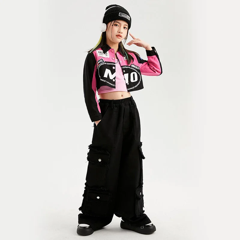 Abbigliamento Hip Hop per bambini Camicia da corsa corta rosa Crop Top Nero Streetwear Pantaloni cargo larghi per ragazze Abiti da ballo jazz