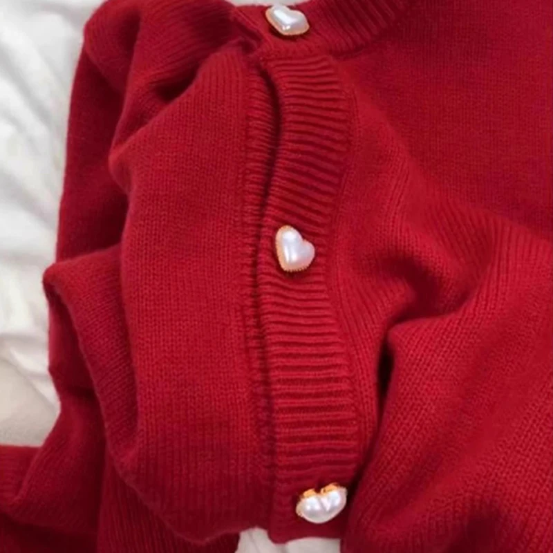 Red Heart Button Cardigans Sweater Women Autumn Winter Loose Single Breasted Coats Casual Solid Female Knitted Sweater