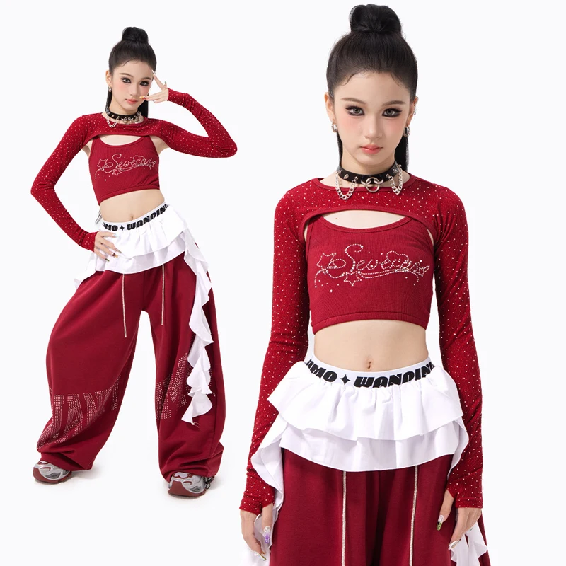 Red Group K-pop Outfit Kids Street Suits Hip Hop Clothing Girls Jazz Dance Competition Costume Stage Performance Wear XS12053