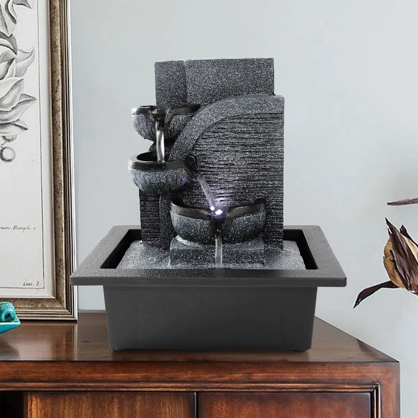 Tabletop Fengshui Water Fountain with LED Geomantic Ball Simple Indoor Decoration Mini Waterfalls Landscape Ornament Gift