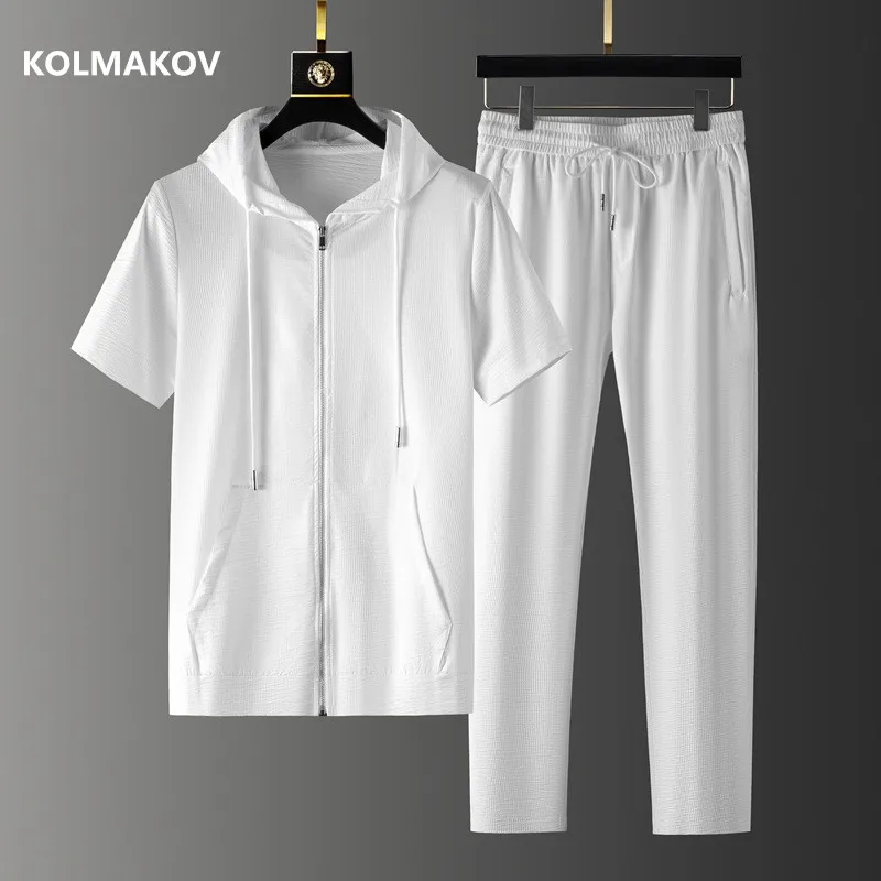 (Shirt + trousers)2024 summer fashion hooded men shirt Cotton shirts men\'s casual elastic waist shirts men full size M-4XL