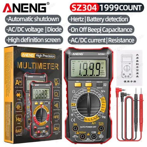 ANENG 디지털 멀티미터 1999 카운트, 트루 RMS 정밀도 NCV, AC/DC 전압 전류 저항, 옴 다이오드 트랜지스터 테스터, SZ304