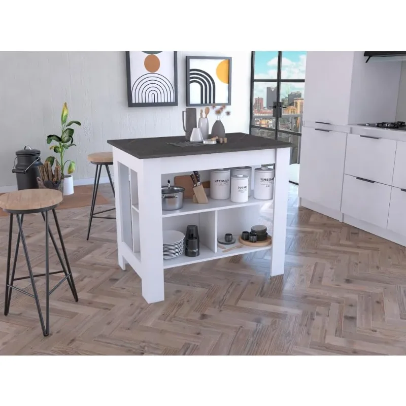 home.Cala Kitchen Island, Four Legs, Three Shelves -White/Onyx