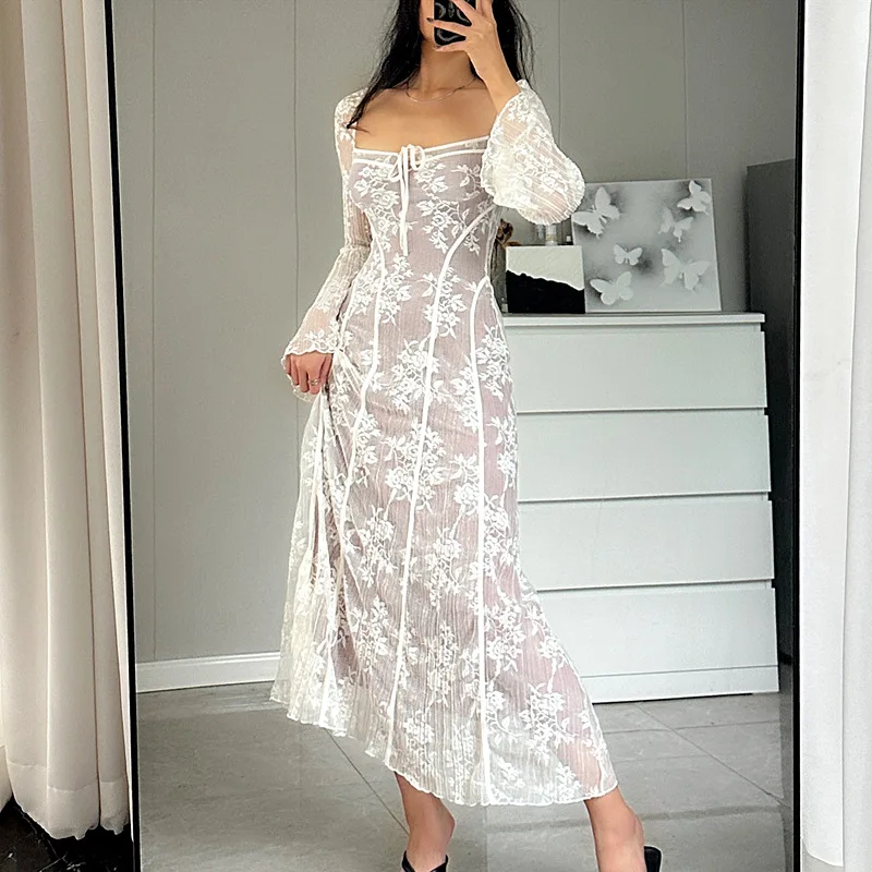 

Gaono Ladies Elegant Lac-up Square Neck Print Long Sleeve Long Dress Women Sexy 2023 Autumn Sexy Lace Backless Slim Outfits