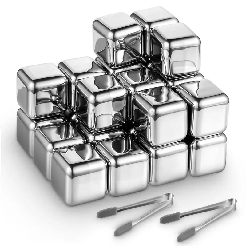 

A98E-Reusable Metal Whiskey Stones 24-Pack Stainless Steel Ice Cubes High Cooling Chilling Blocks Rock With Ice Tongs For Drinki