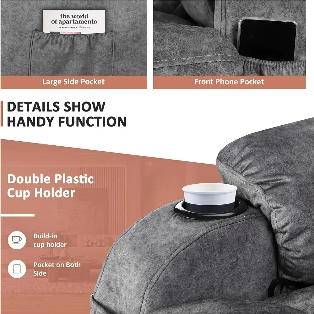 Poltrona reclinabile per massaggio imbottita con calore Poltrona reclinabile per massaggio manuale in tessuto riscaldato grigio con portabicchieri