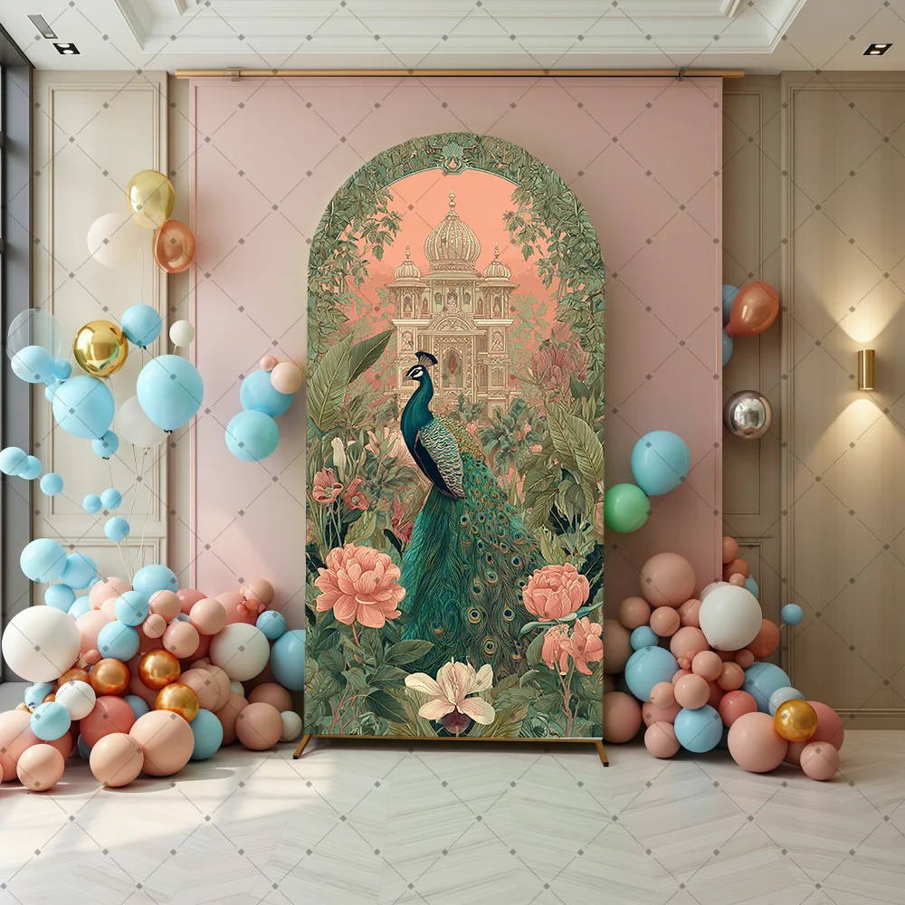 Custom 2-Sided India Style Peacock Floral Adult Wedding Bridal Shower Party Cover Chiara Arch Background Decor Backdrop