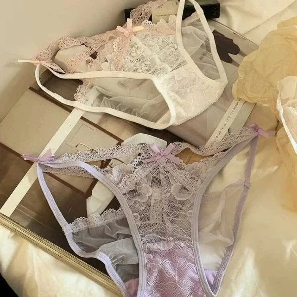 Patchwork Bow Lace Flower Panties Transparent Mid Waist Lace Mesh Briefs Seamless Hollow French Style Briefs Lady