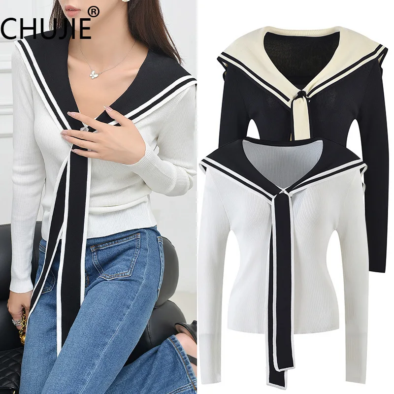 

CHUJIE 2025 Early Autumn French Elegance Knit Top - Sailor Collar Long Sleeve With Tie Detail, Slim Fit Pullover