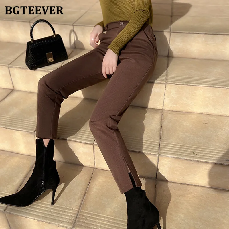 BGTEEVER Vintage Female Woolen Suit Pants Elegant High Waist Side Split Women Woolen Pants Autumn Winter