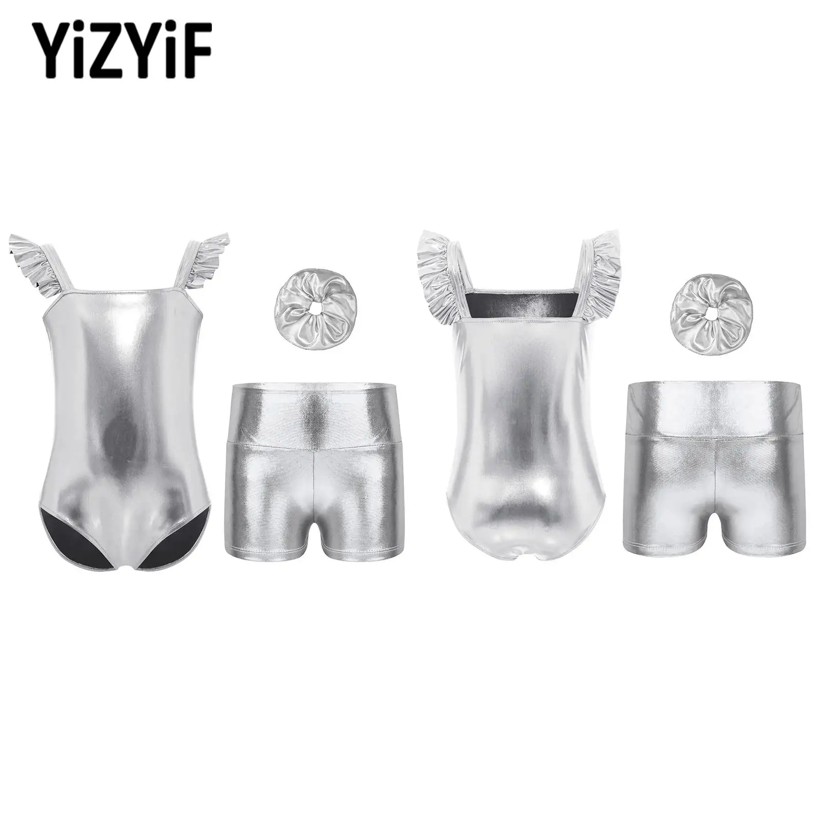

Girls Figure Skating Dance Set Square Neck Metallic Leotard+Shorts+Hairband Ballerina Dancewear Sets for Gymnastics Performance