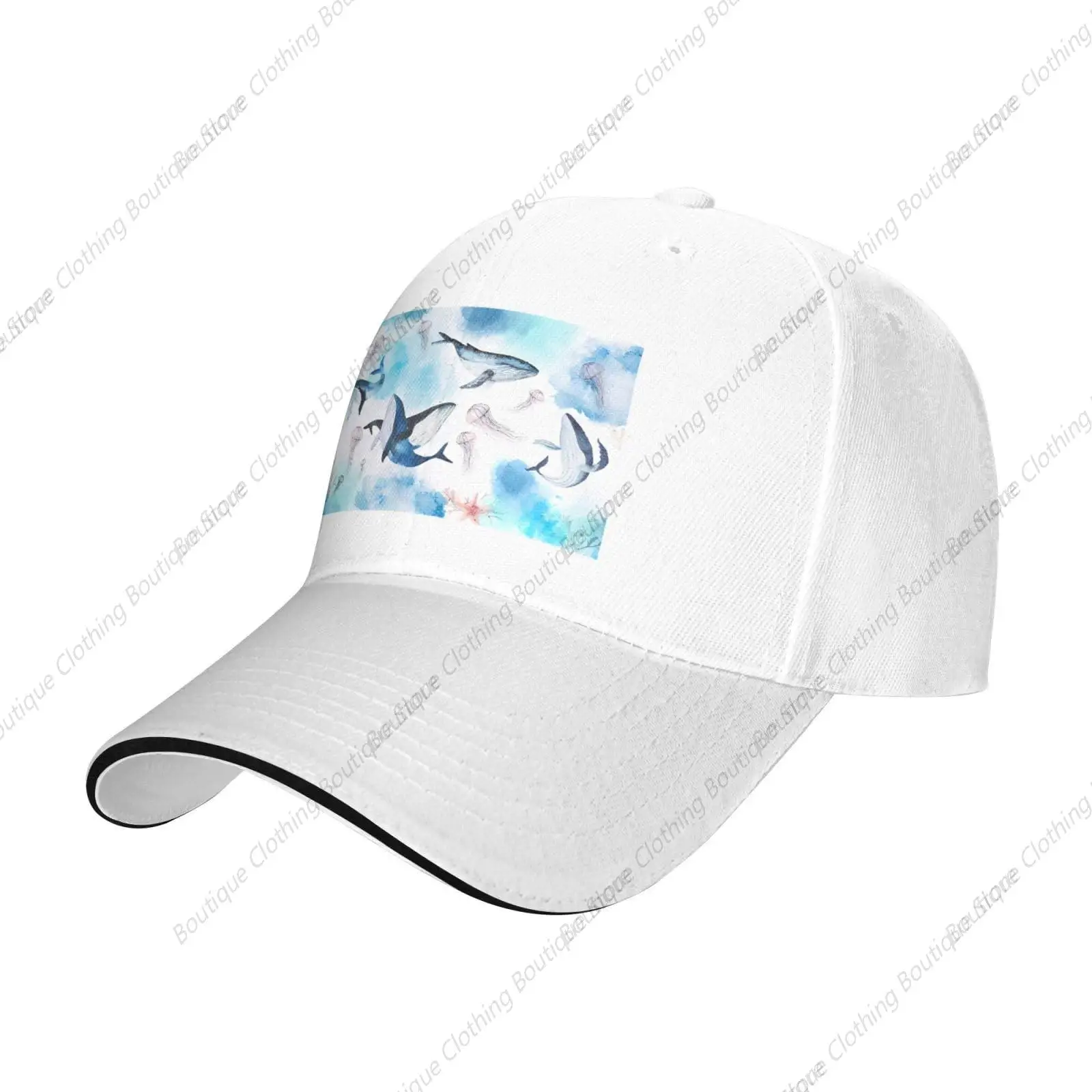 

Men Women Baseball Cap, Funny Sea whale and jellyfish Adjustable Velcro Cap for Travel, Beach, Golf, Fishing White