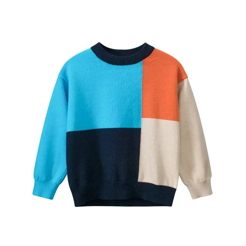 

Winter 2024 New Children's Sweaters Boys Knitwear Patchwork Color Long Sleeve O-Neck Pullover Top Warm Kids Clothes Dropship