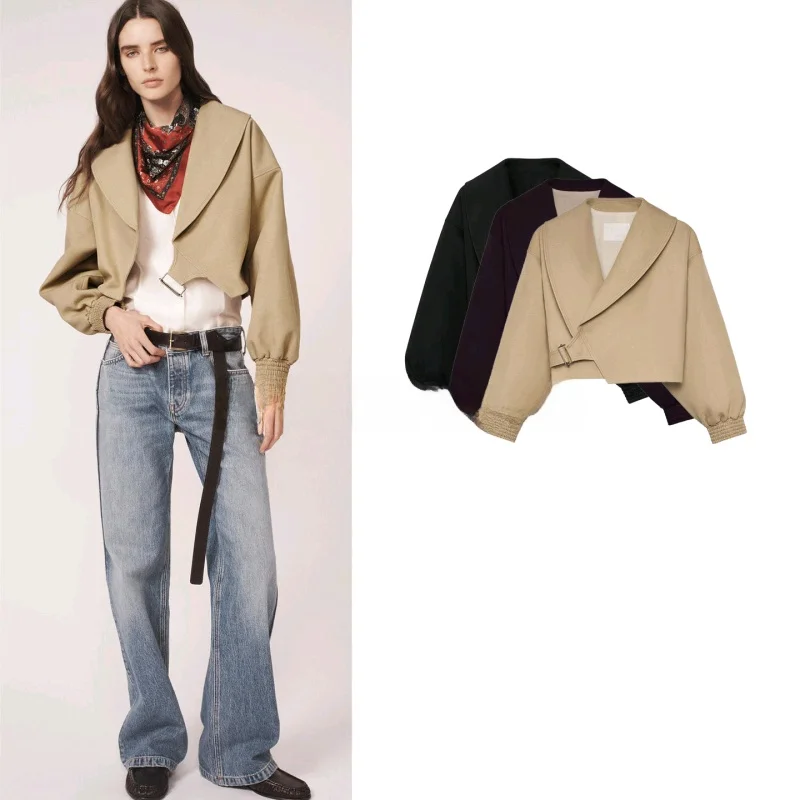

Spring 2026 Women's Casual Style Short Coat Long Sleeve Turn-down Collar Commute Outerwear Polyester Fiber Decorative Stitch