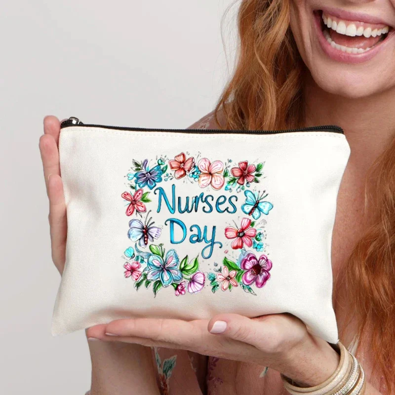 Nurses Day Flower Thanks Printed Cosmetic Bag Skin Care Products Organizer Office Supplies Storage Pencil Bag Gift Makeup Case