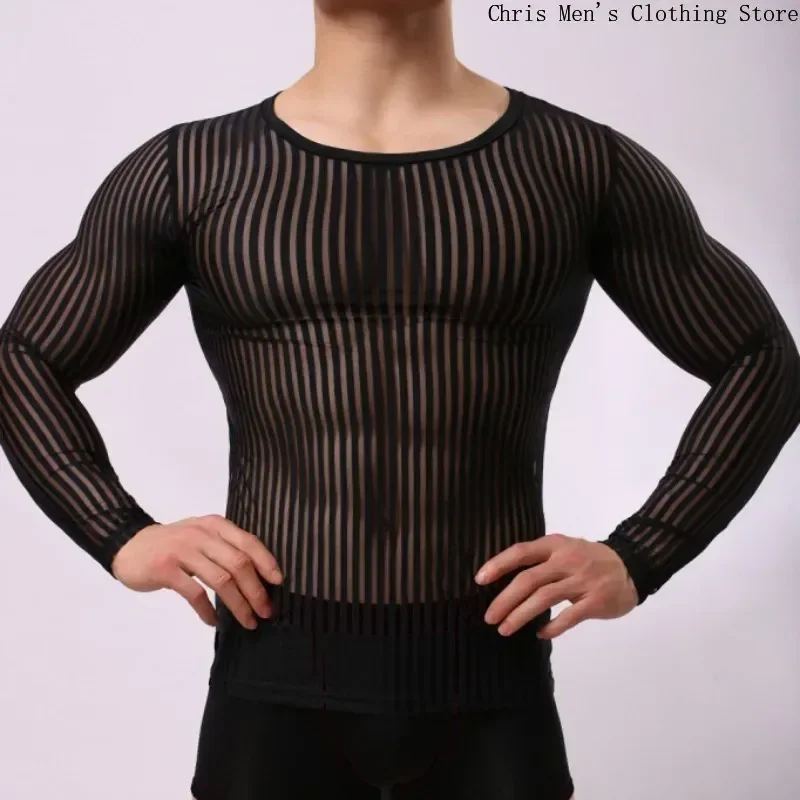 Men's Breathable Quick Drying Training Tight T-shirt Sexy See-through Men T-shirt Muscle Men Stretch Casual Base Long Sleeve Tee