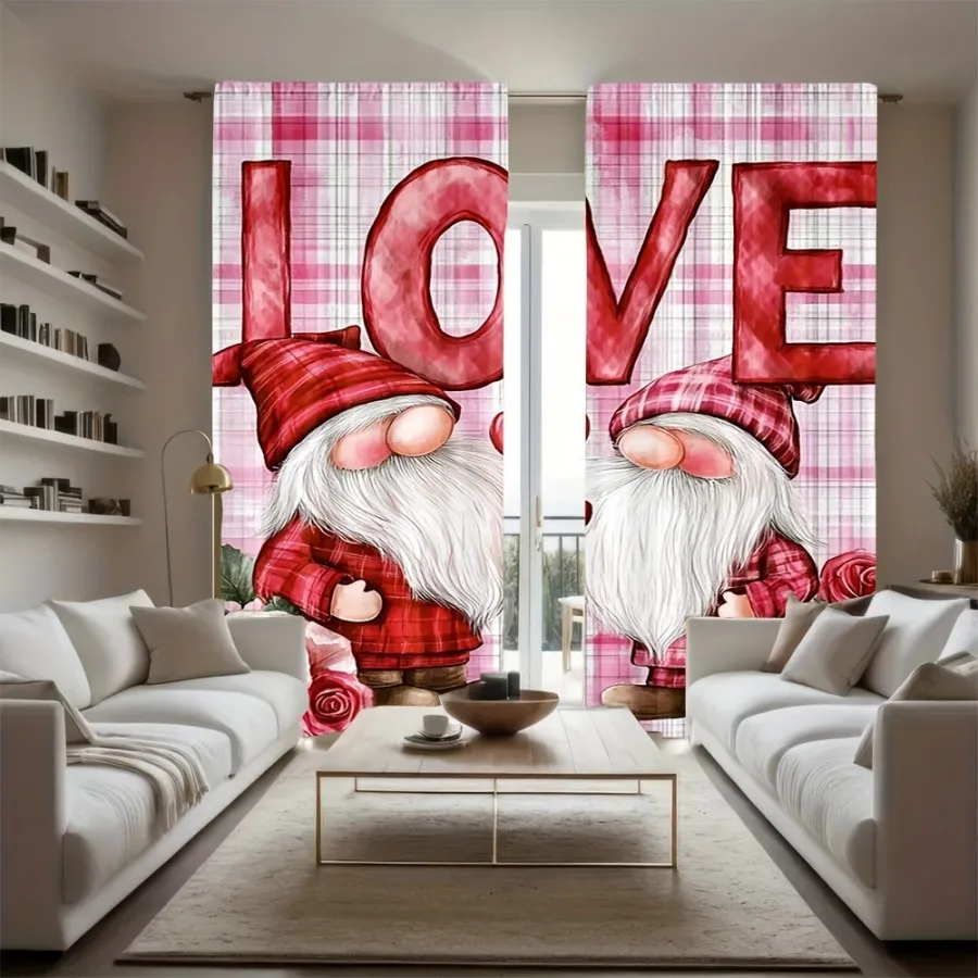 2PCS Digital Print Curtains, Pink Plaid Heart Gnome, Cute Valentine Dwarf Decor Checkered Pattern Sweet Love Bedroom Drapes