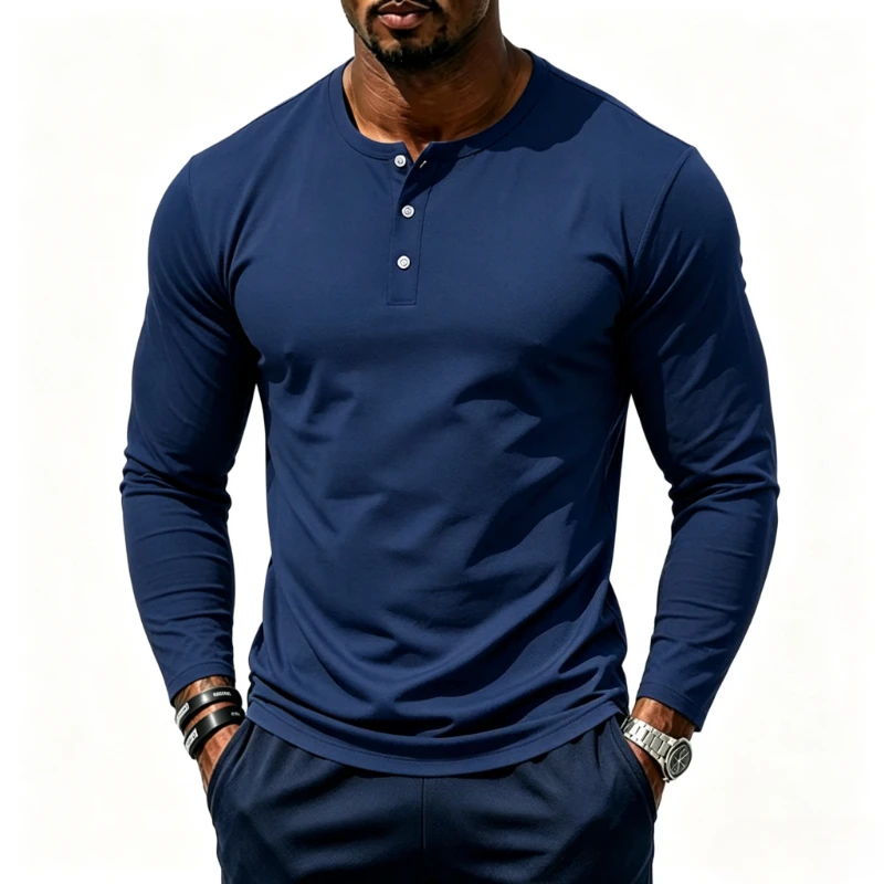 Fitness Men's Long Sleeve Henley Neck T Shirts Autumn Solid Color Male Tops Slim Fit Button Neck Casual Cozy Tshirt Streetwear