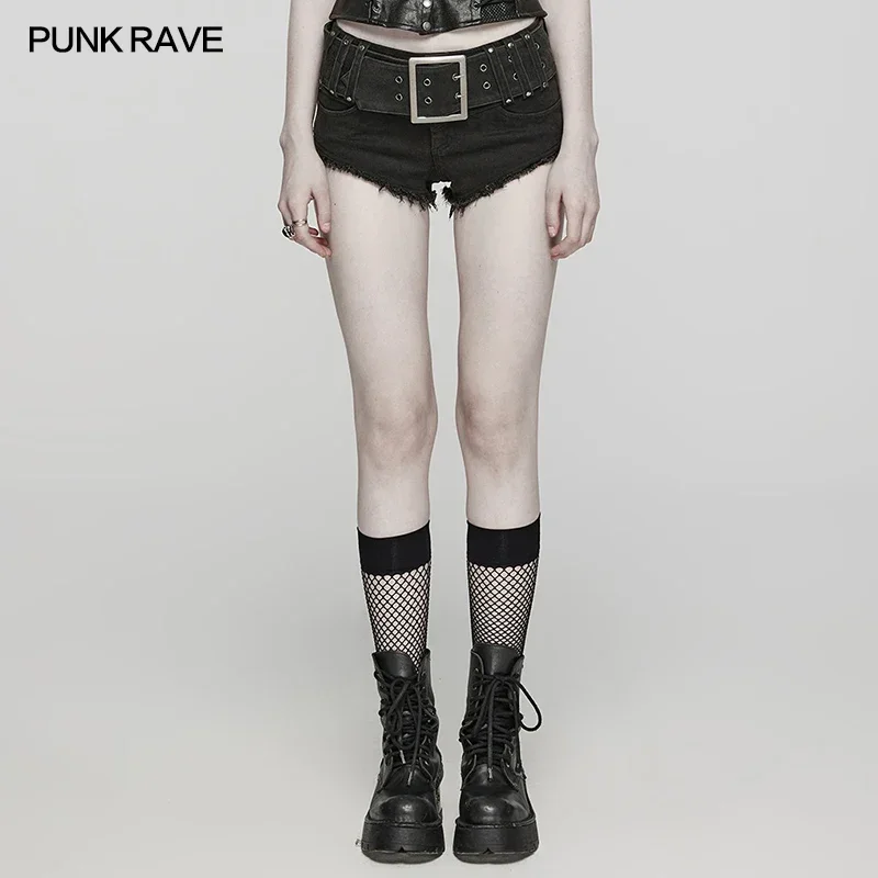 

PUNK RAVE Women's Punk Adjustable Metal Buckle Denim Shorts Daily Slim Fit Sexy Hot Girl's Black Short Pants Summer