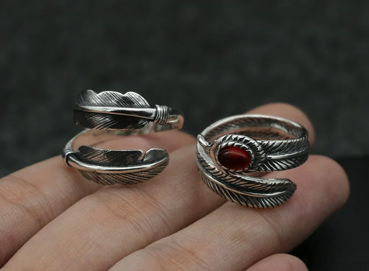 925 Sterling Silver Feather Ring Handmade Net Red Street Shoot Jewelry Men and Women Open Vintage Ring Index Finger