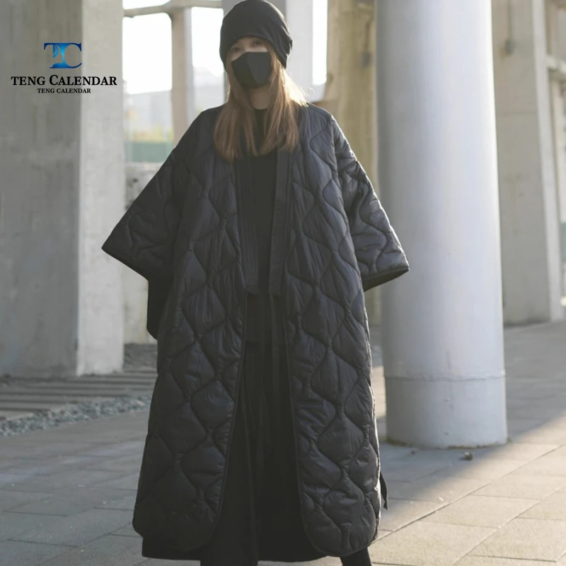 Retro diamond stitched cotton jacket, dark Japanese Yamamoto style knee length diamond grid jacket, women 2025 winter new style