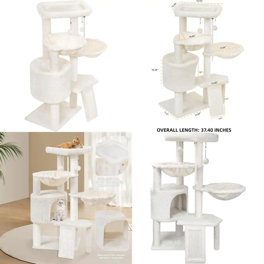 

Three-Tier Cat Tree with Scratch Pad and Dual Hammocks, Beige
