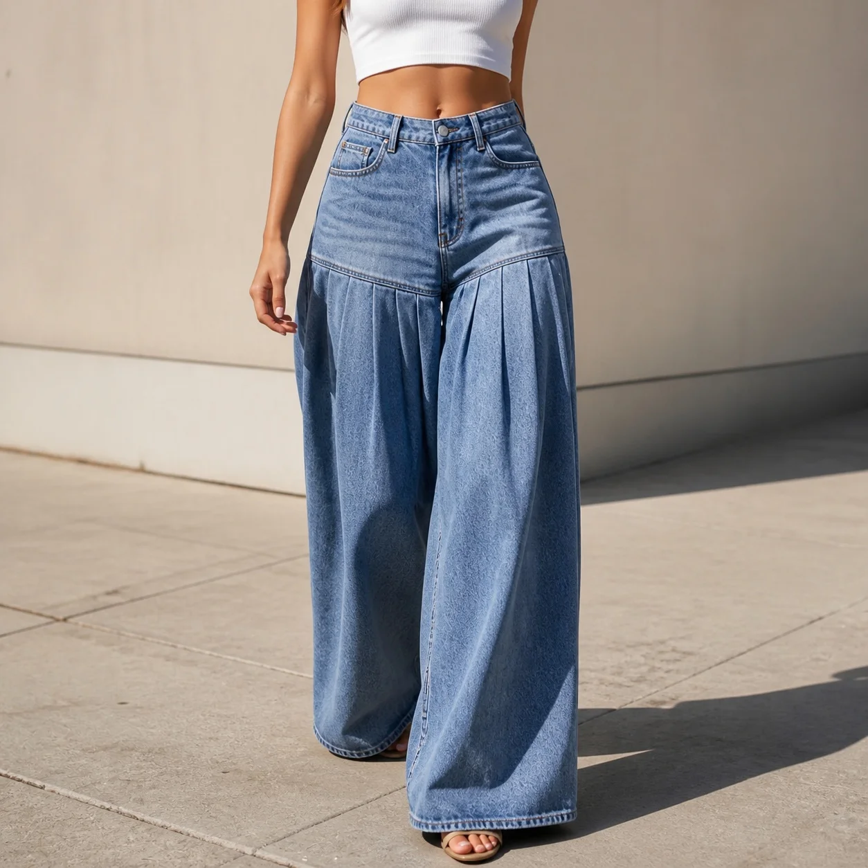 Women's Baggy High Waist Full Length Wide Leg Flared Patchwork Washed Ruffle Streetwear Denim Jeans for Women Maxi Length Light