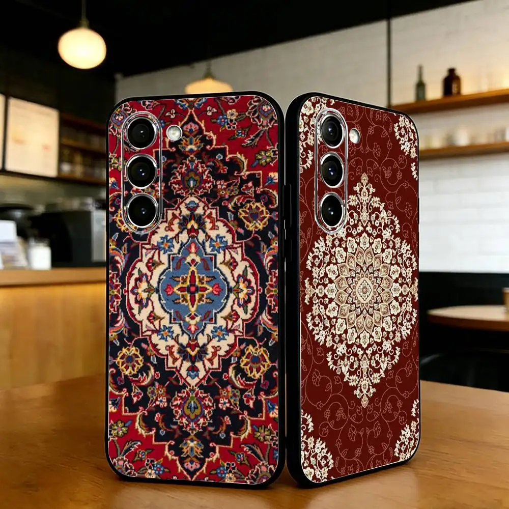 

Persian Carpet Floral Pattern Phone Case For Samsung S25,24,23,22,30,21,10,9,Ultra,Plus,Lite,FE,Black Soft Case