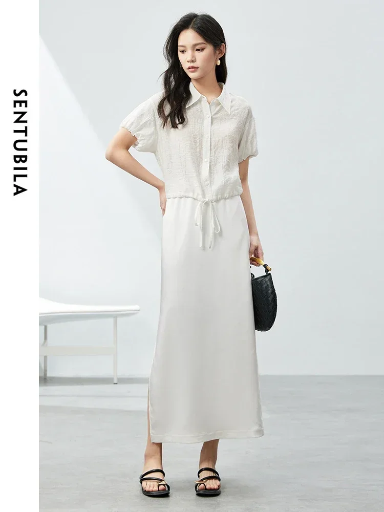 SENTUBILA Summer Skirts Set 2 Piece Sets Women Outfit 2025 Short Sleeve Shirt Split Straight Long Skirt Woman Clothes 142Z54285