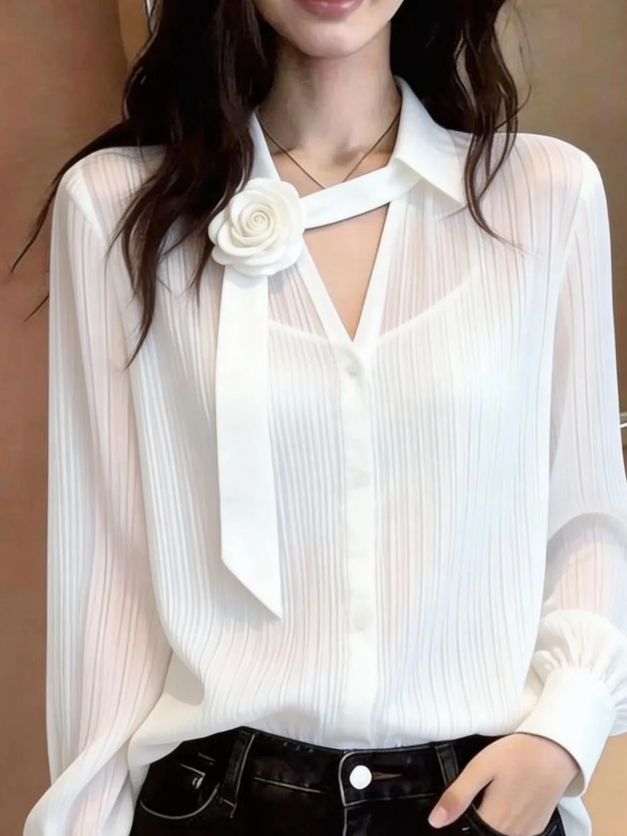 

Elegant Unique Black Shirt Fashionable Personality Top Transparent Sexy Beautiful Korean Style Commute Wind Loose Fit Long Sl...